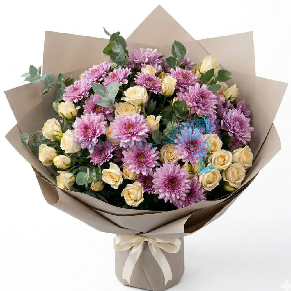Букет цветов из: Хризантемы и Розы